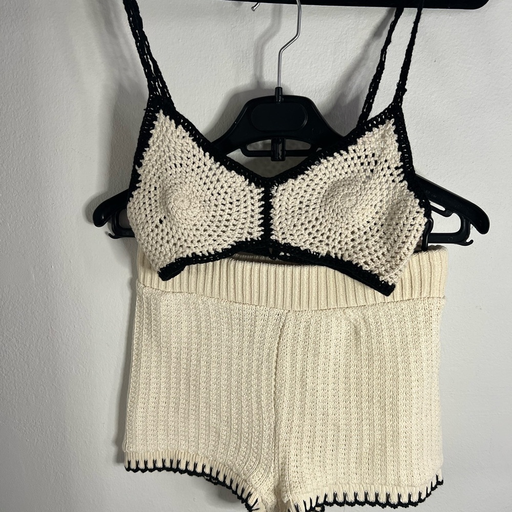 Zara Crochet Bralette and Shorts Set - Cream and Black